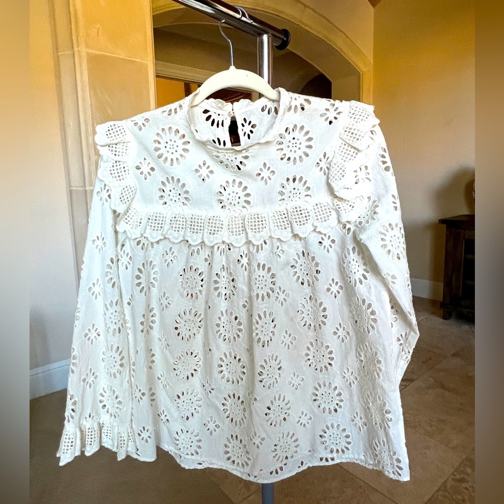 White Ruffled Crochet Long Sleeve Top - Size Small